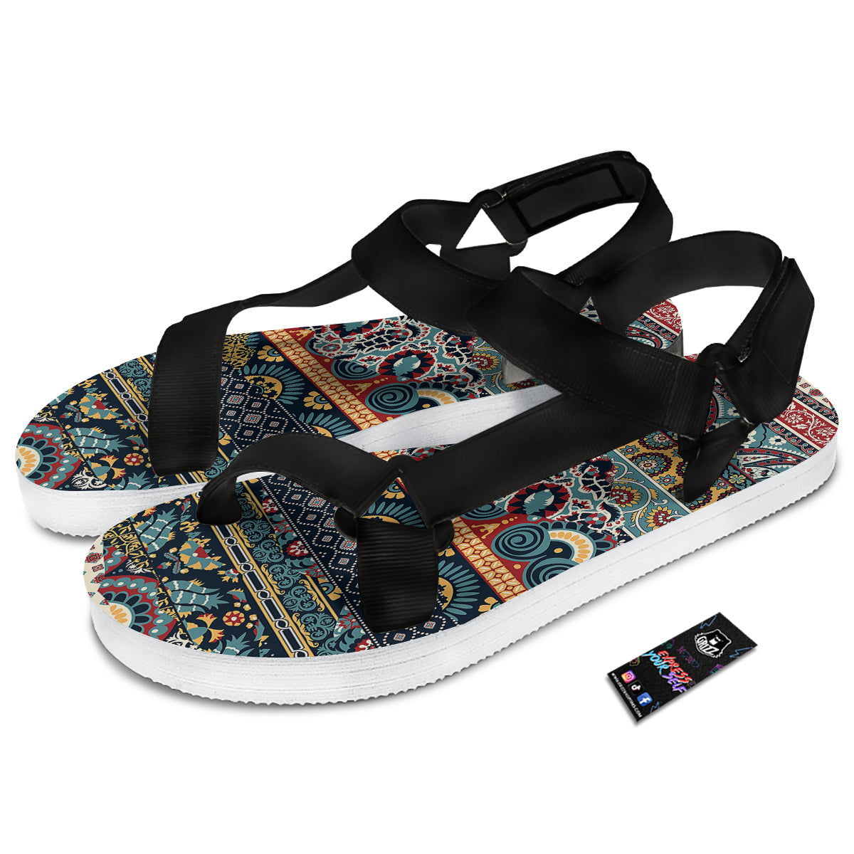 Abstract Arabian Paisley Print Black Open Toe Sandals-grizzshop