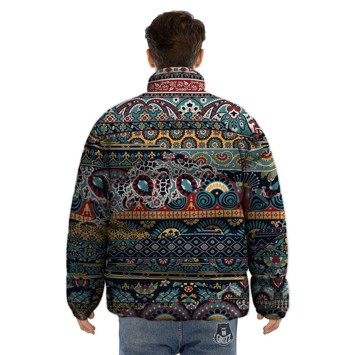 Abstract Arabian Paisley Print Puffer Jacket-grizzshop