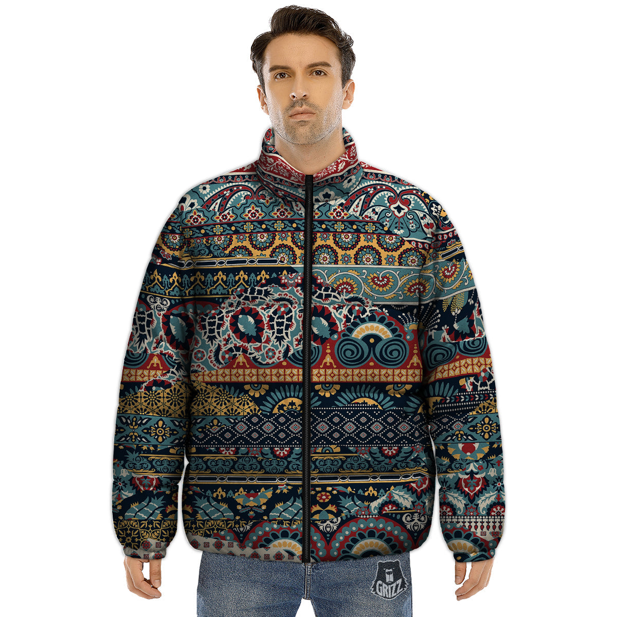Abstract Arabian Paisley Print Puffer Jacket-grizzshop