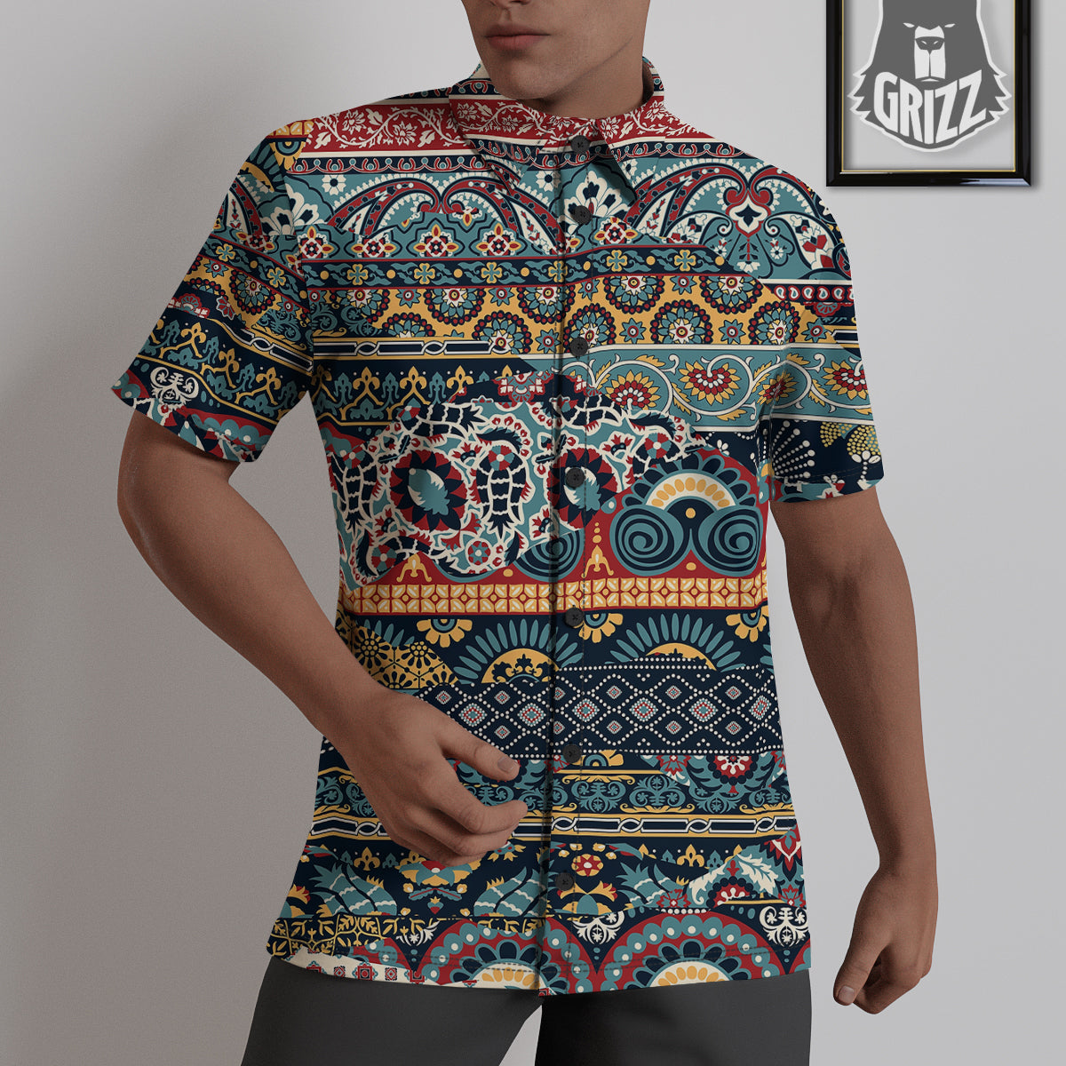 Abstract Arabian Paisley Print Untucked Shirts-grizzshop