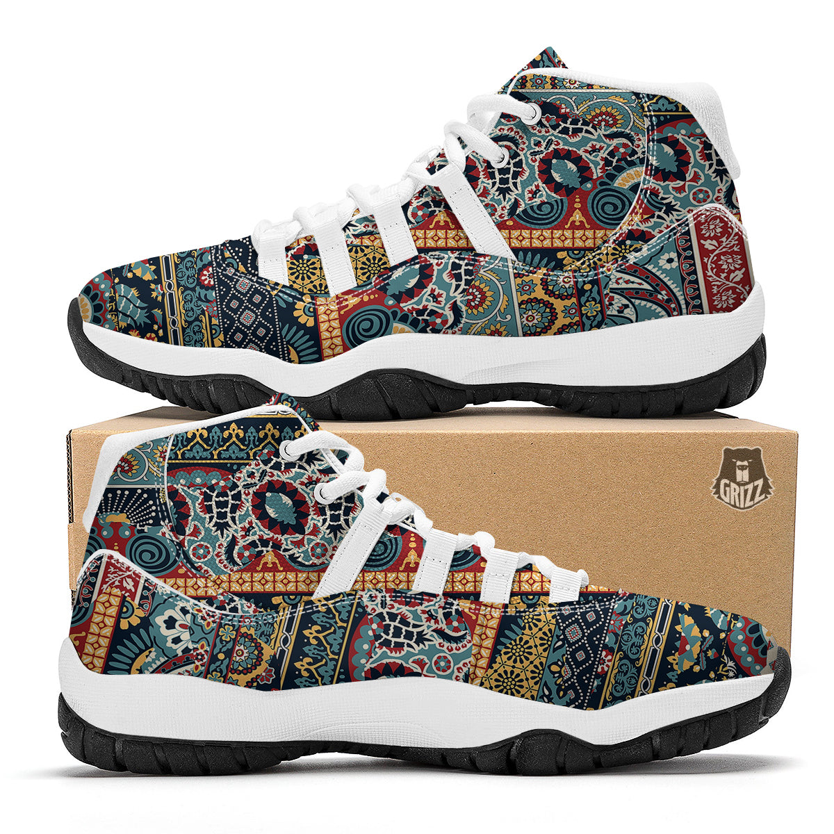 Abstract Arabian Paisley Print White Bball Shoes-grizzshop