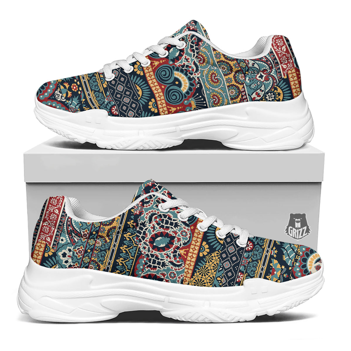 Abstract Arabian Paisley Print White Chunky Shoes-grizzshop