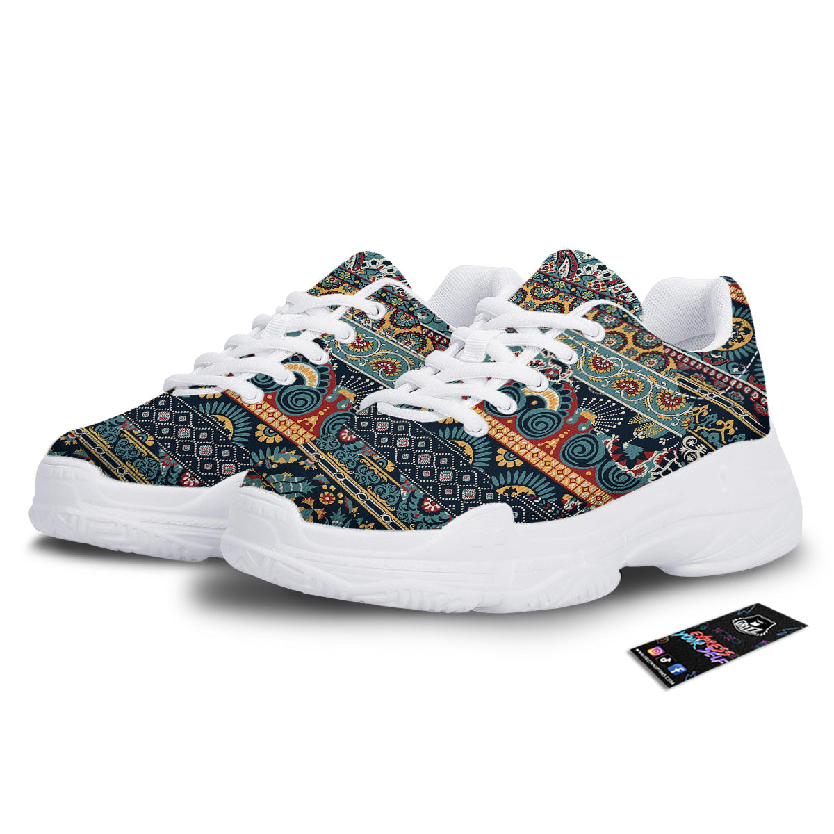 Abstract Arabian Paisley Print White Chunky Shoes-grizzshop