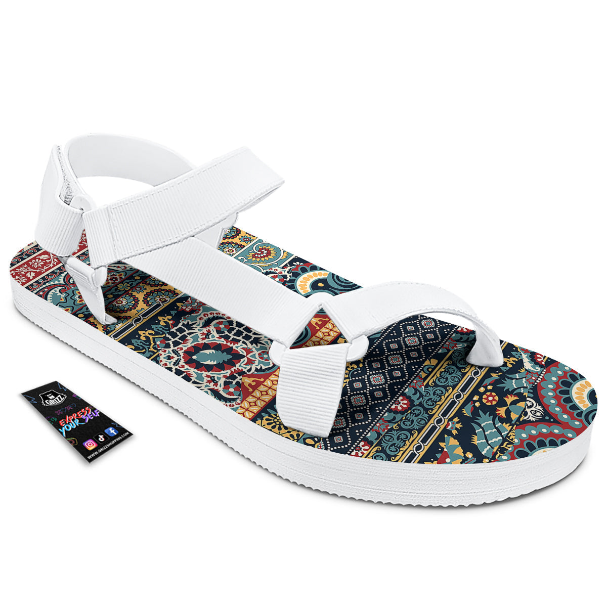 Abstract Arabian Paisley Print White Open Toe Sandals-grizzshop