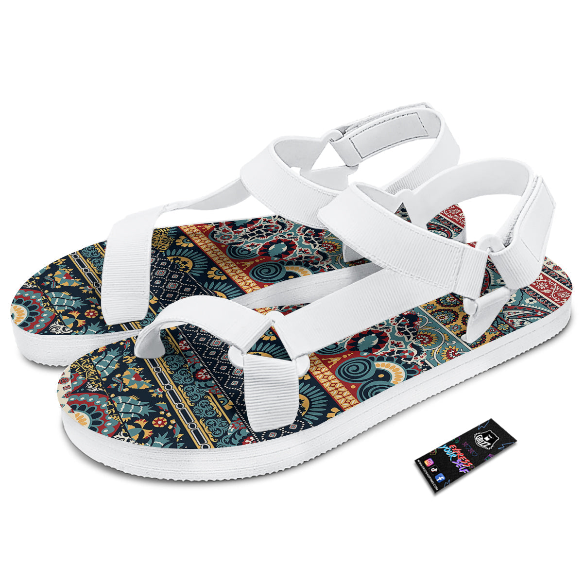 Abstract Arabian Paisley Print White Open Toe Sandals-grizzshop