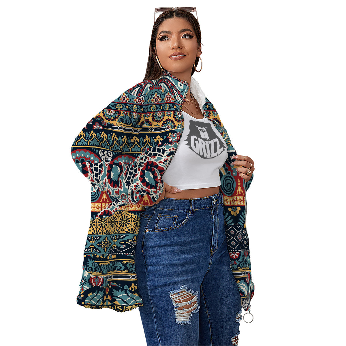 Abstract Arabian Paisley Print Women's Sherpa Jacket-grizzshop