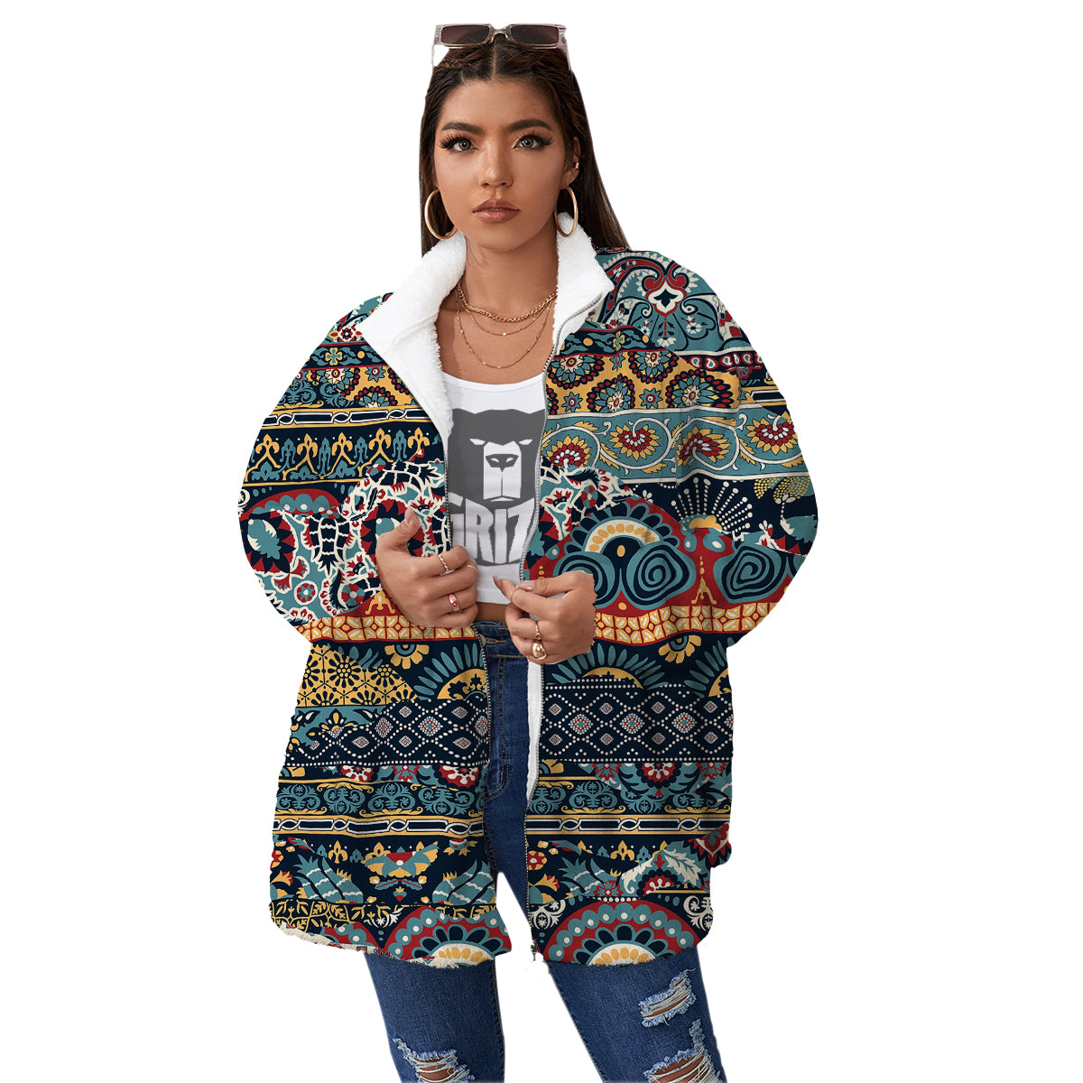 Abstract Arabian Paisley Print Women's Sherpa Jacket-grizzshop