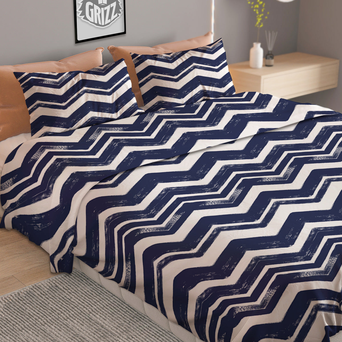 Abstract Chevron Watercolor Blue Print Pattern Duvet Cover Bedding Set