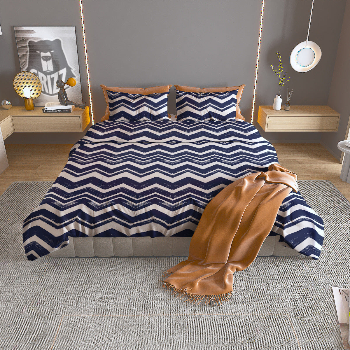 Abstract Chevron Watercolor Blue Print Pattern Duvet Cover Bedding Set