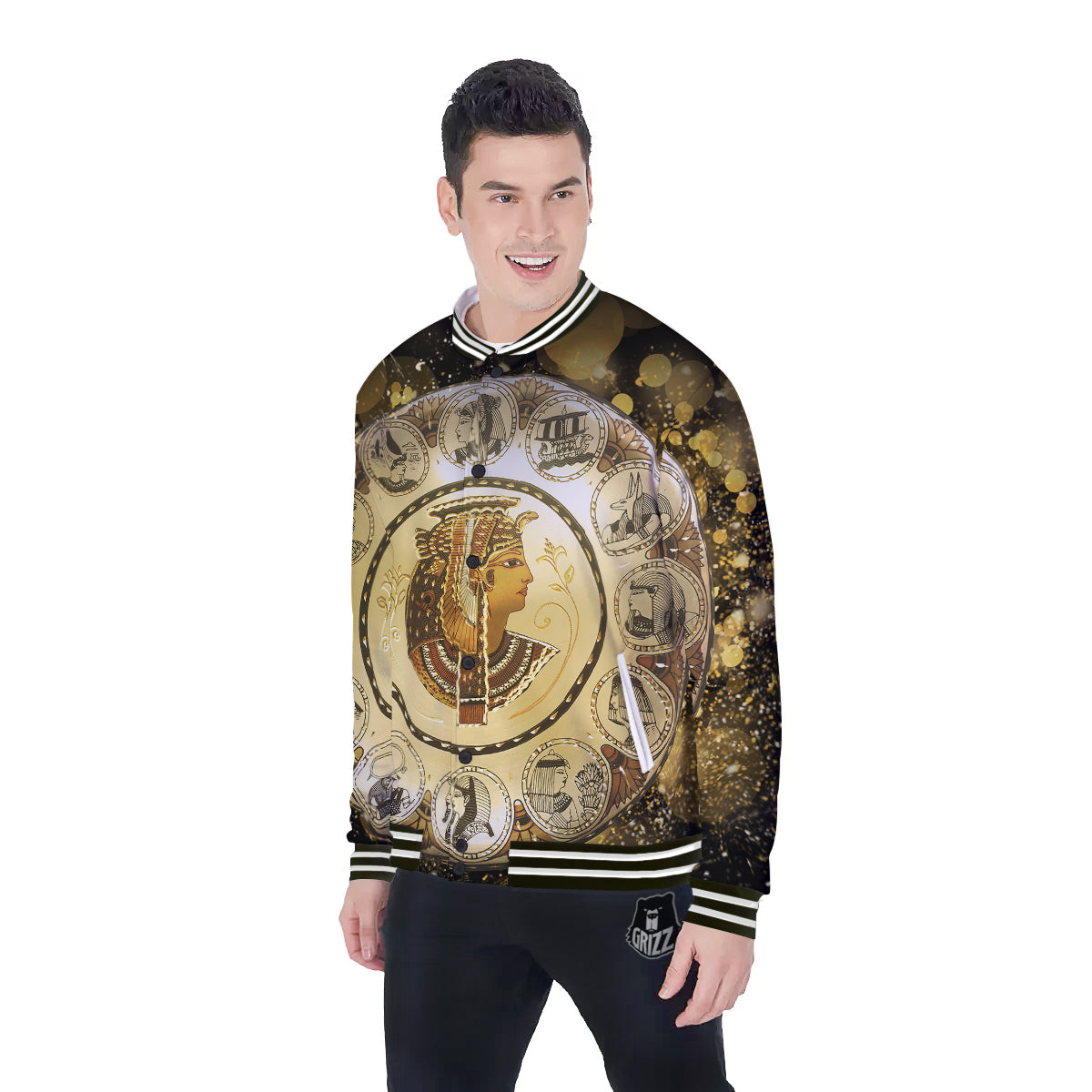 Abstract Cleopatra Print Baseball Jacket-grizzshop