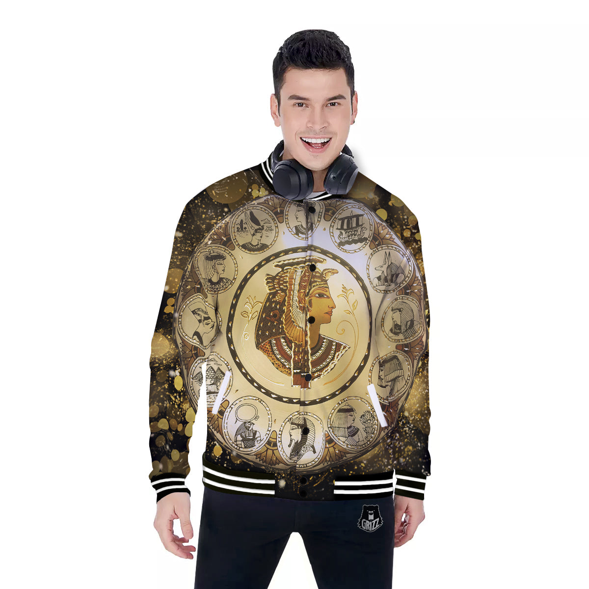 Abstract Cleopatra Print Baseball Jacket-grizzshop