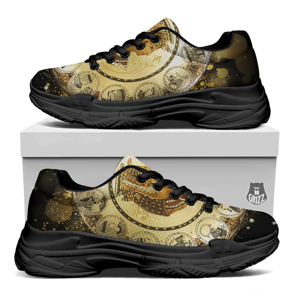 Abstract Cleopatra Print Black Chunky Shoes-grizzshop