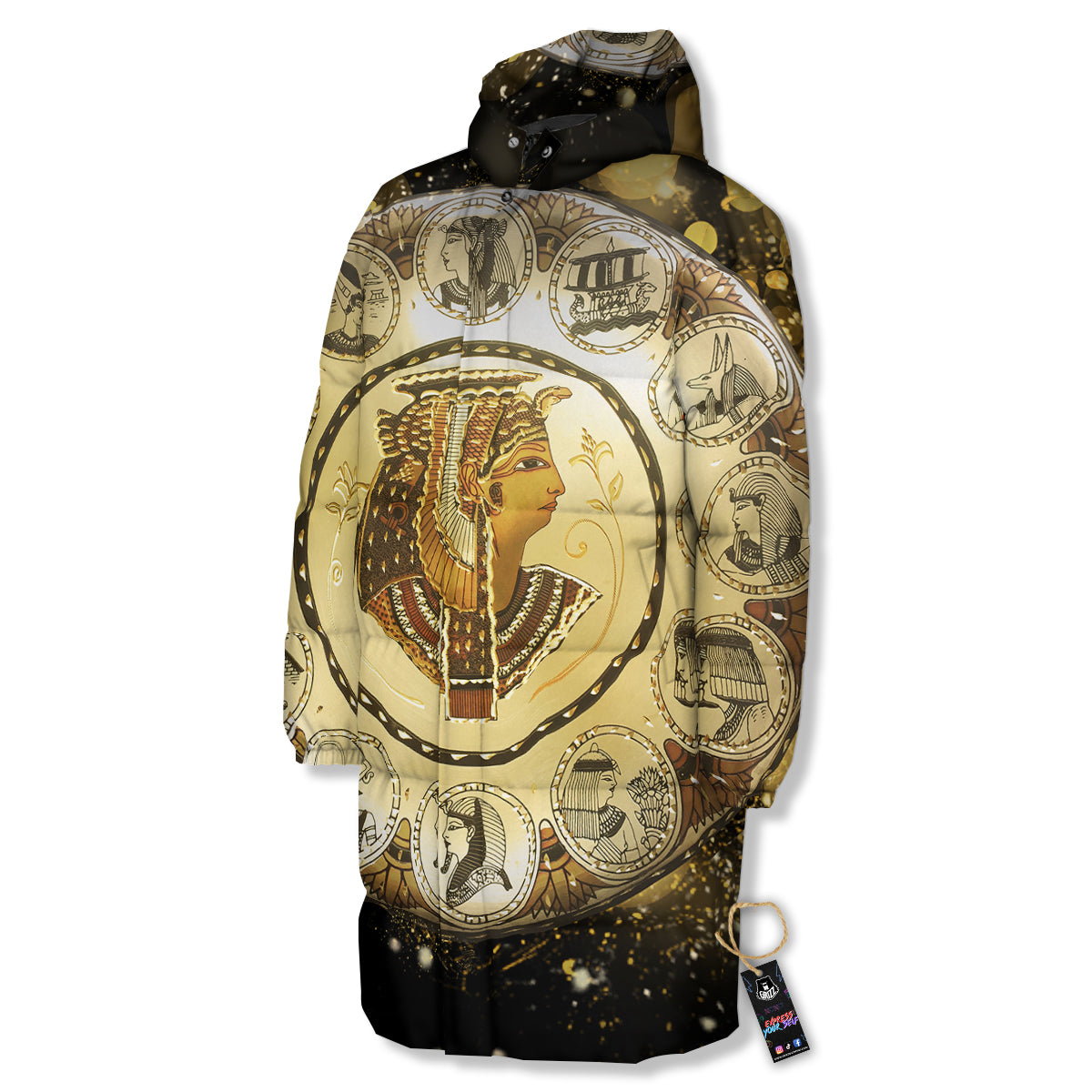 Abstract Cleopatra Print Long Down Jacket-grizzshop