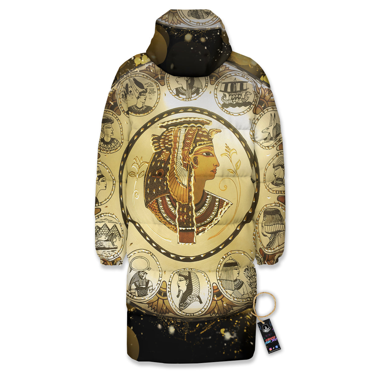 Abstract Cleopatra Print Long Down Jacket-grizzshop