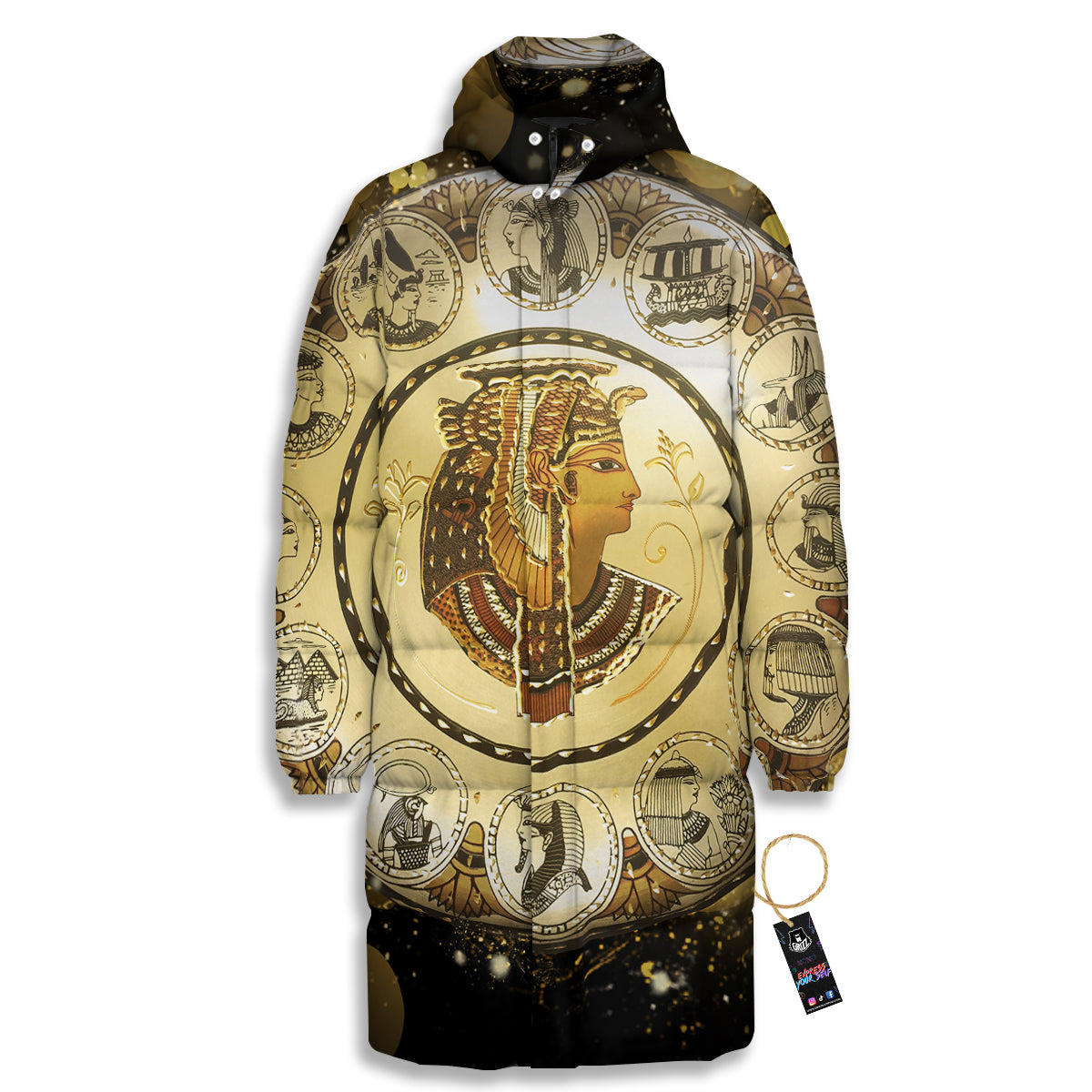Abstract Cleopatra Print Long Down Jacket-grizzshop