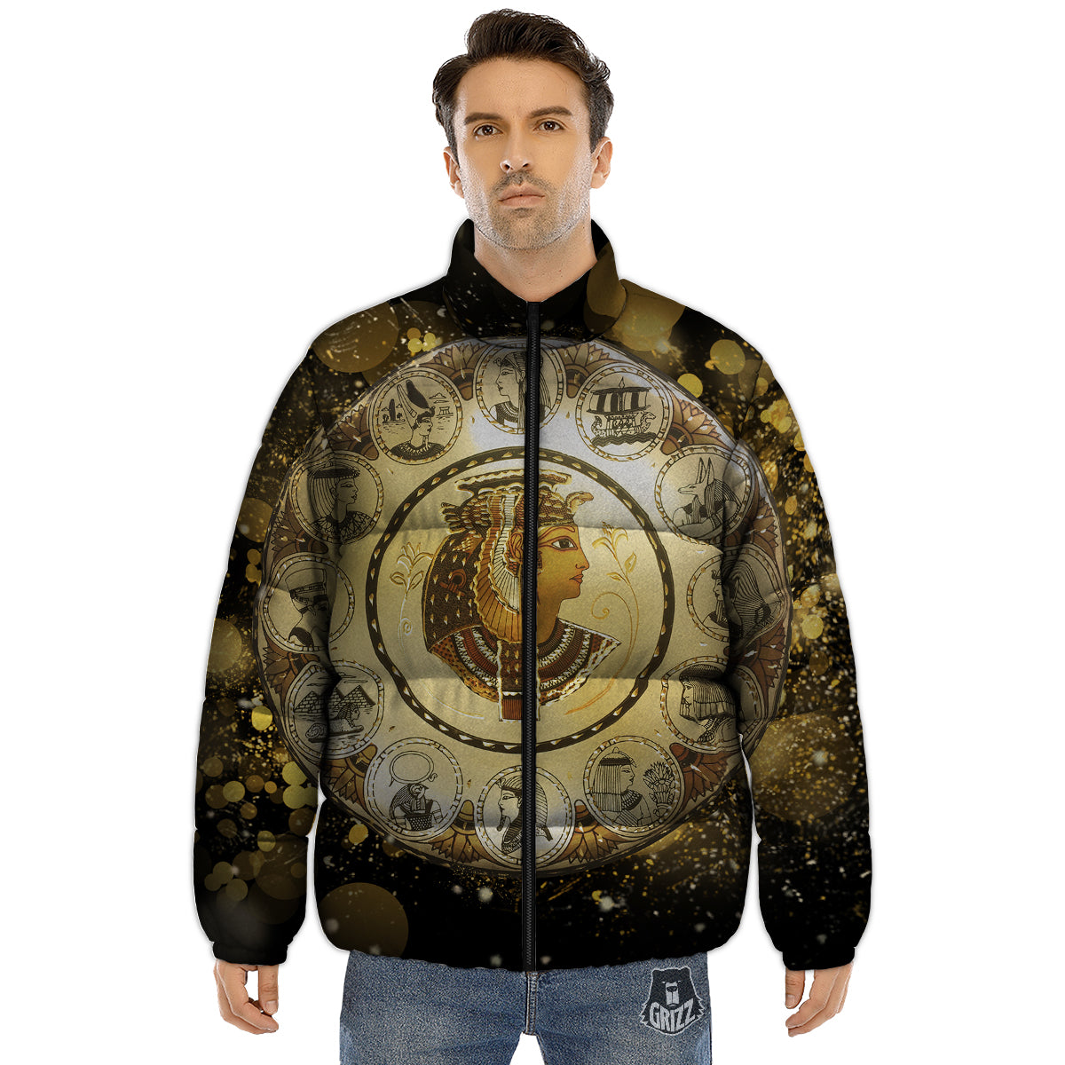 Abstract Cleopatra Print Puffer Jacket-grizzshop