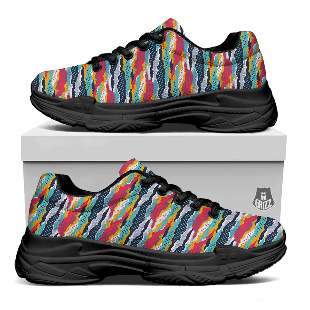 Abstract Colorful And Dot Print Pattern Black Chunky Shoes-grizzshop