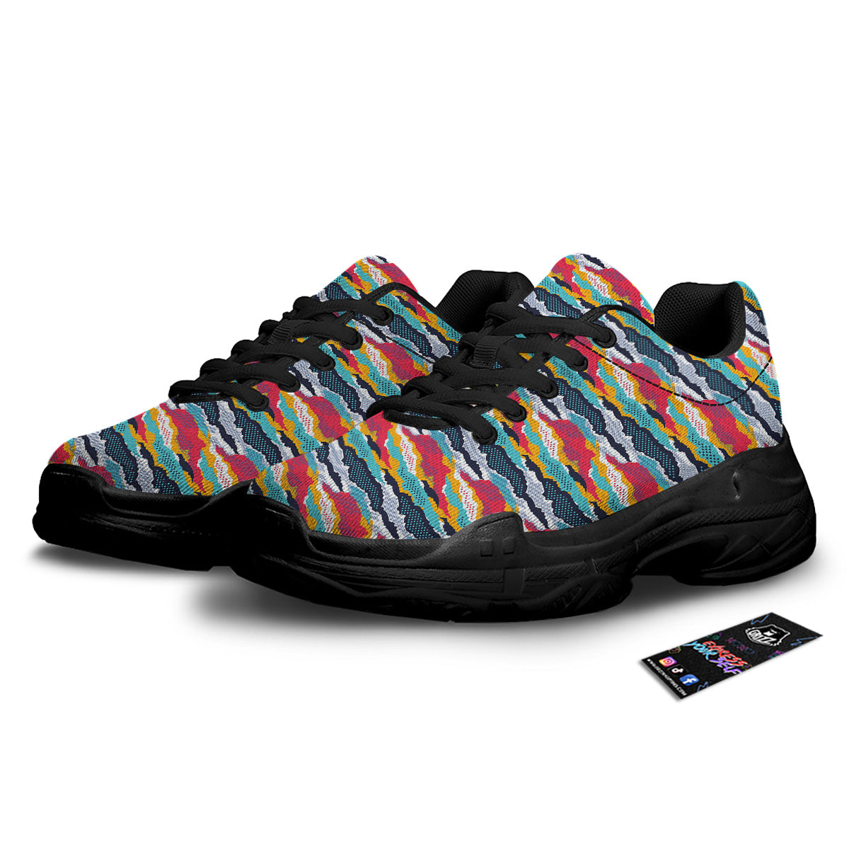 Abstract Colorful And Dot Print Pattern Black Chunky Shoes-grizzshop