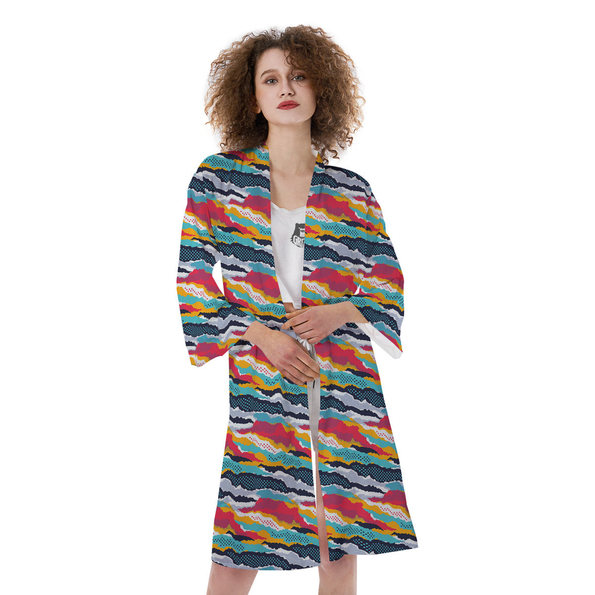 Abstract Colorful And Dot Print Pattern Kimono-grizzshop