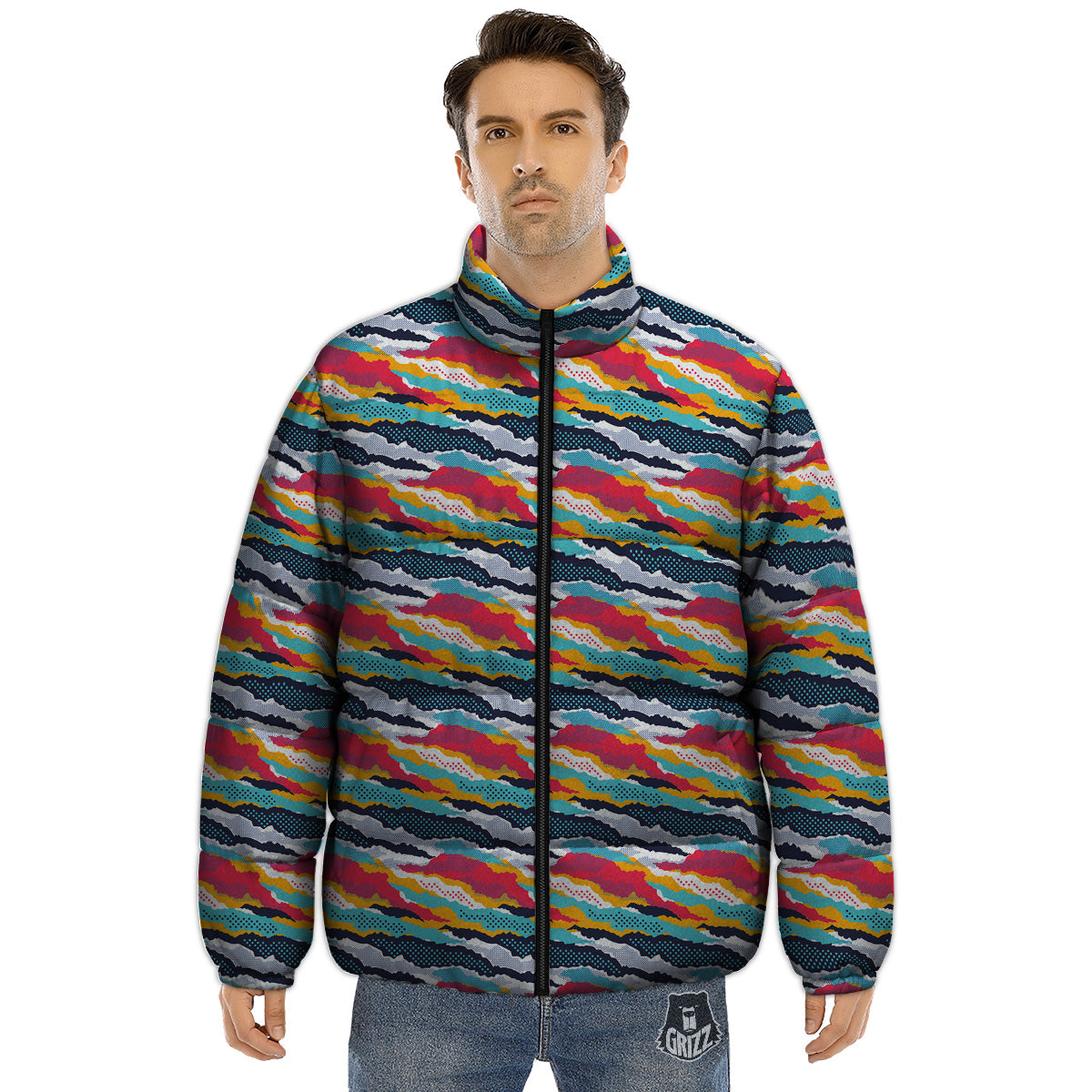 Abstract Colorful And Dot Print Pattern Puffer Jacket-grizzshop