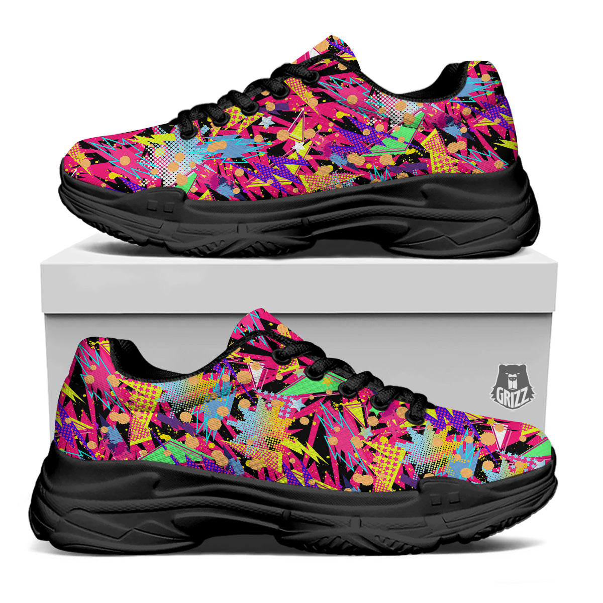 Abstract Colorful And Lightning Dot Print Pattern Black Chunky Shoes-grizzshop