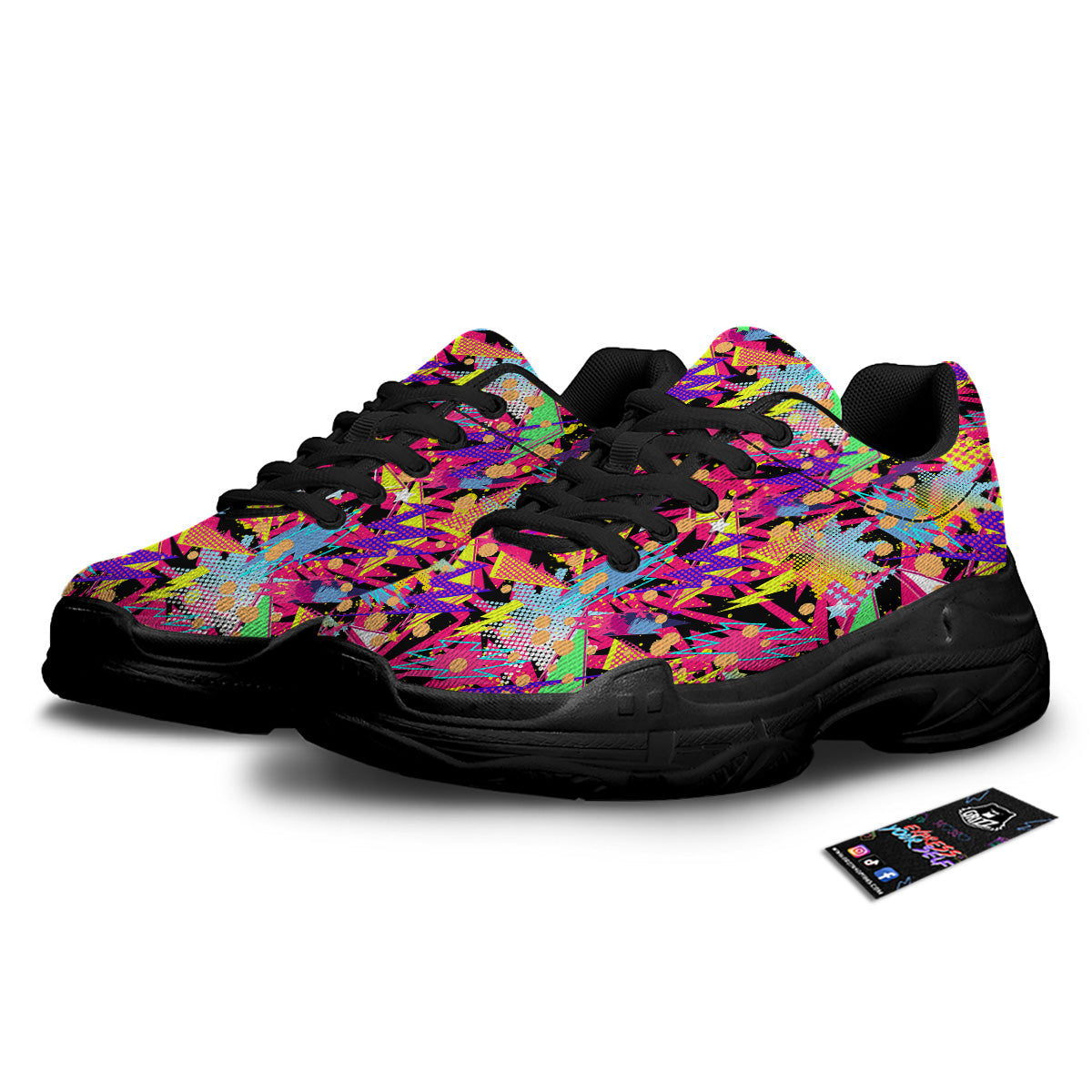 Abstract Colorful And Lightning Dot Print Pattern Black Chunky Shoes-grizzshop