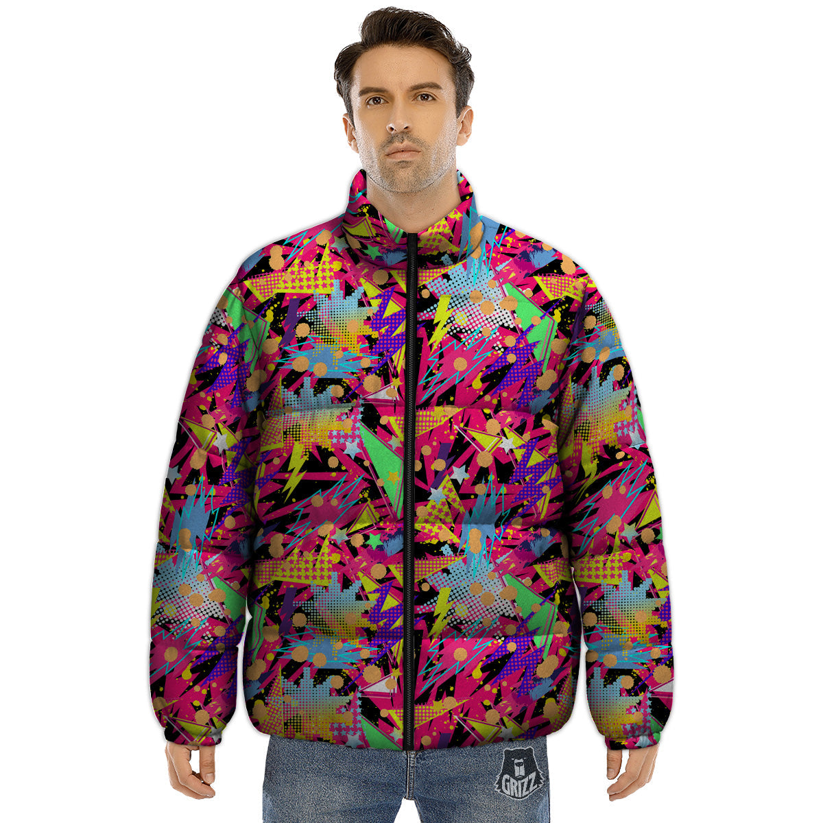 Abstract Colorful And Lightning Dot Print Pattern Puffer Jacket-grizzshop