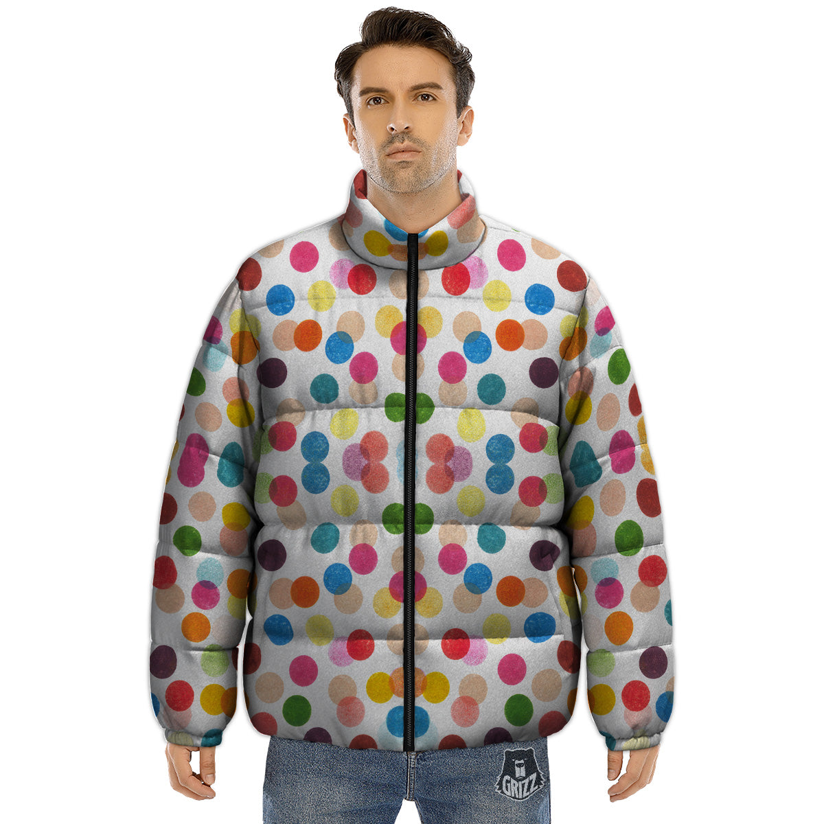 Abstract Colorful Polka Dots Print Pattern Puffer Jacket-grizzshop