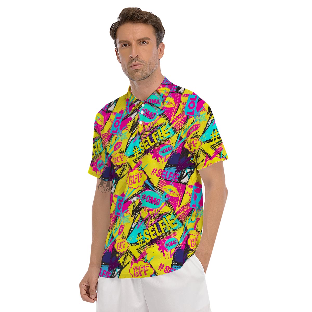 Abstract Comic Bubble Graffiti Print Men's Golf Shirts-grizzshop