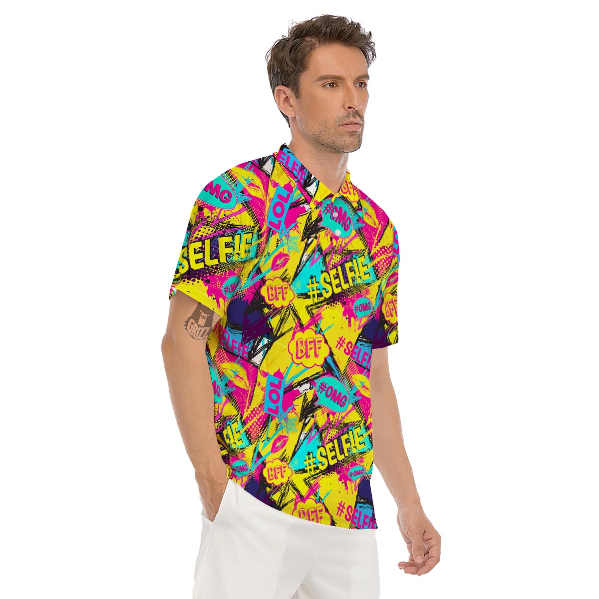 Abstract Comic Bubble Graffiti Print Men's Golf Shirts-grizzshop