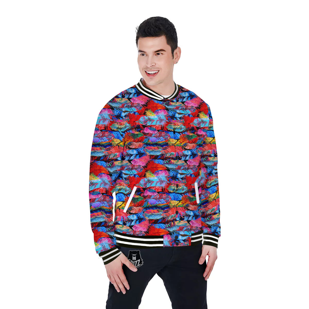 Abstract Feather Watercolor Boho Print Pattern Baseball Jacket-grizzshop