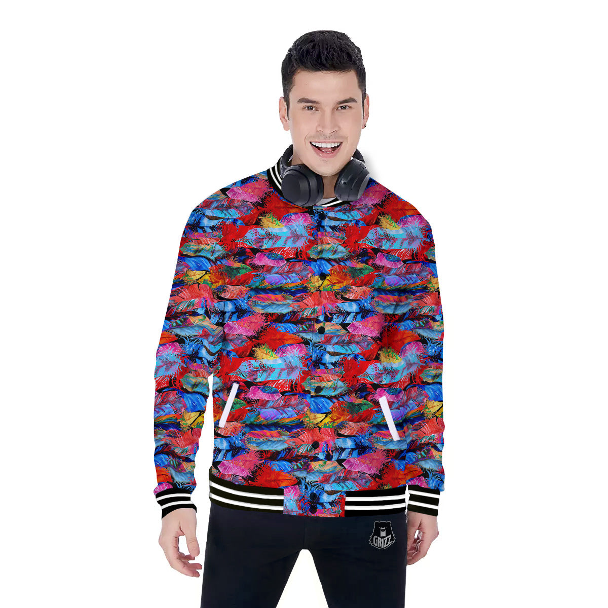 Abstract Feather Watercolor Boho Print Pattern Baseball Jacket-grizzshop