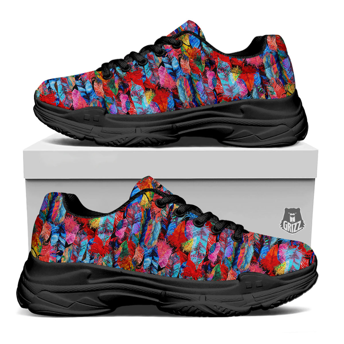 Abstract Feather Watercolor Boho Print Pattern Black Chunky Shoes-grizzshop