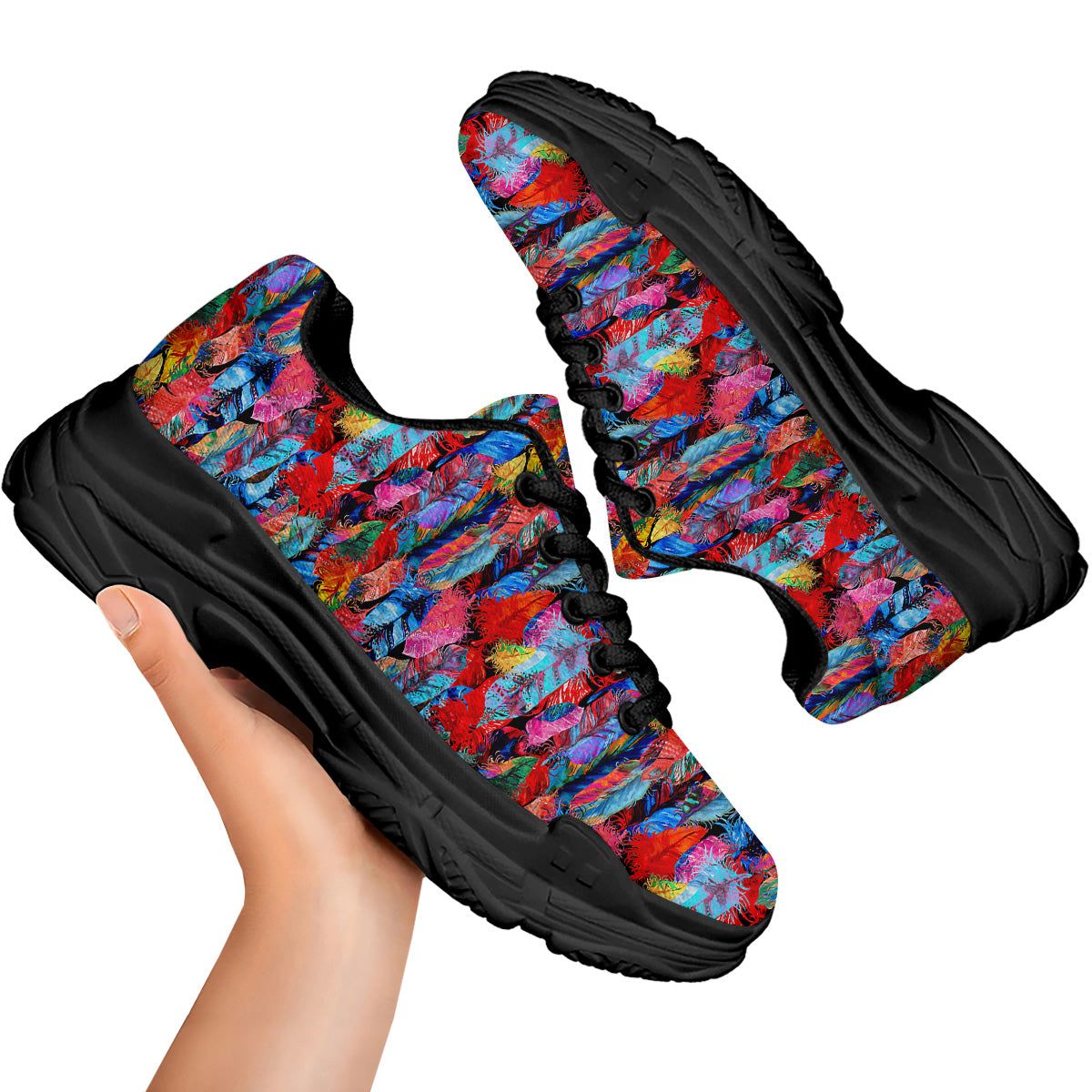 Abstract Feather Watercolor Boho Print Pattern Black Chunky Shoes-grizzshop