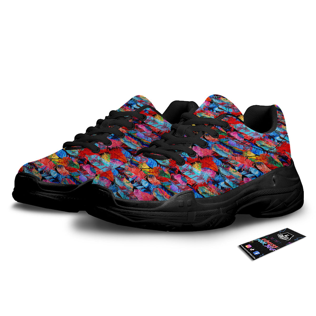 Abstract Feather Watercolor Boho Print Pattern Black Chunky Shoes-grizzshop