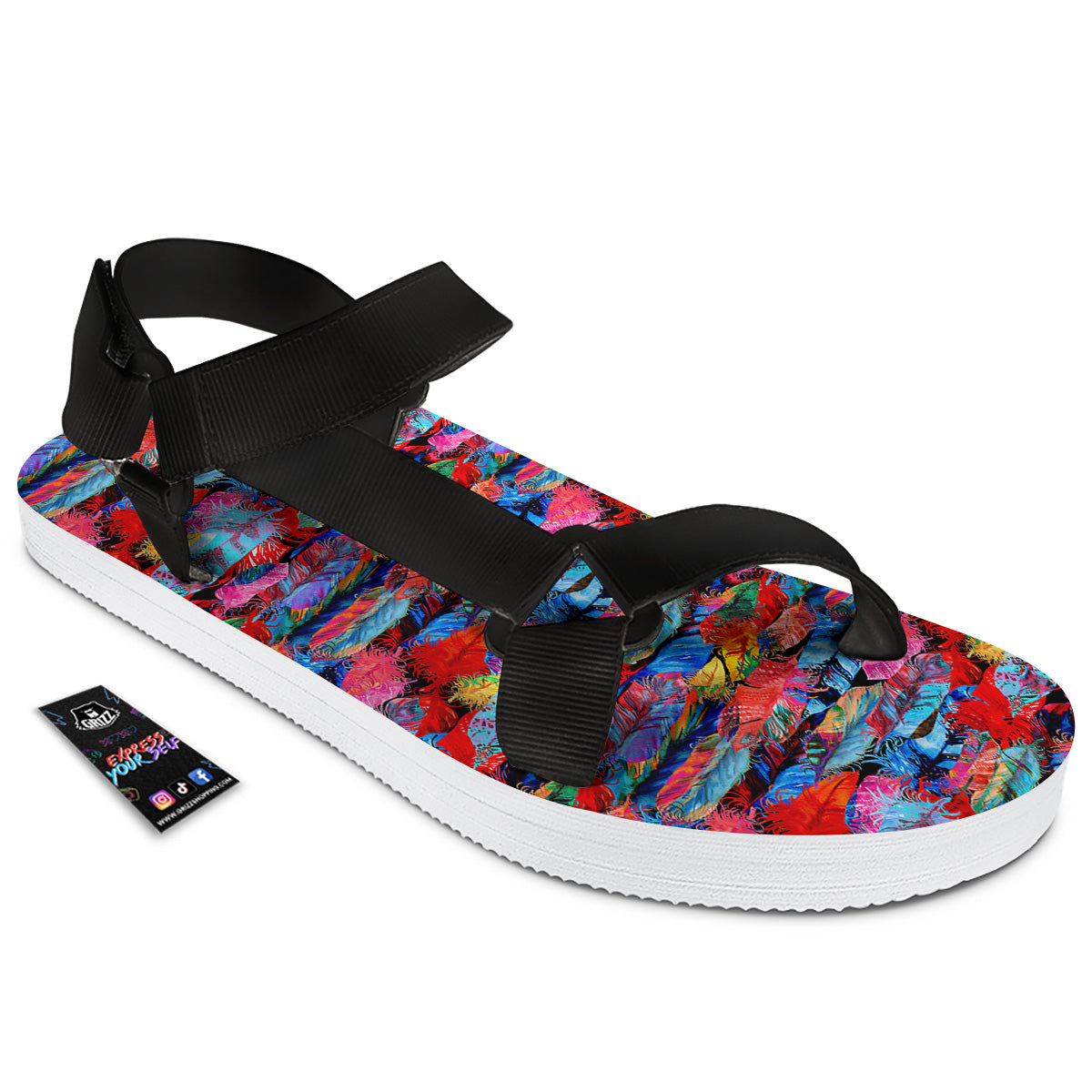 Abstract Feather Watercolor Boho Print Pattern Black Open Toe Sandals-grizzshop