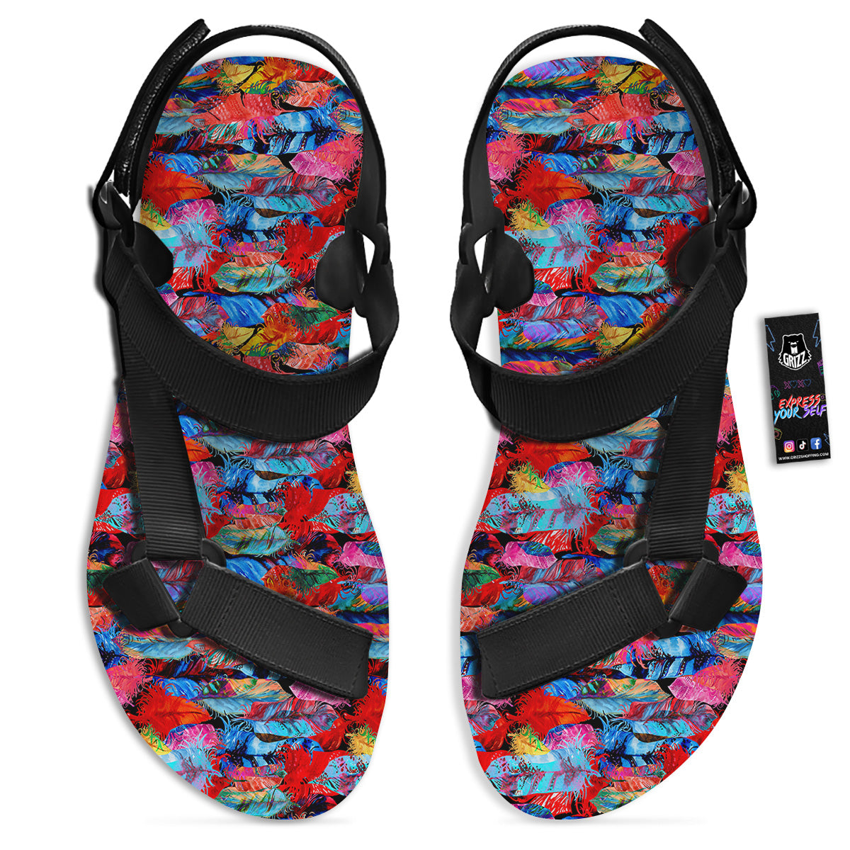 Abstract Feather Watercolor Boho Print Pattern Black Open Toe Sandals-grizzshop