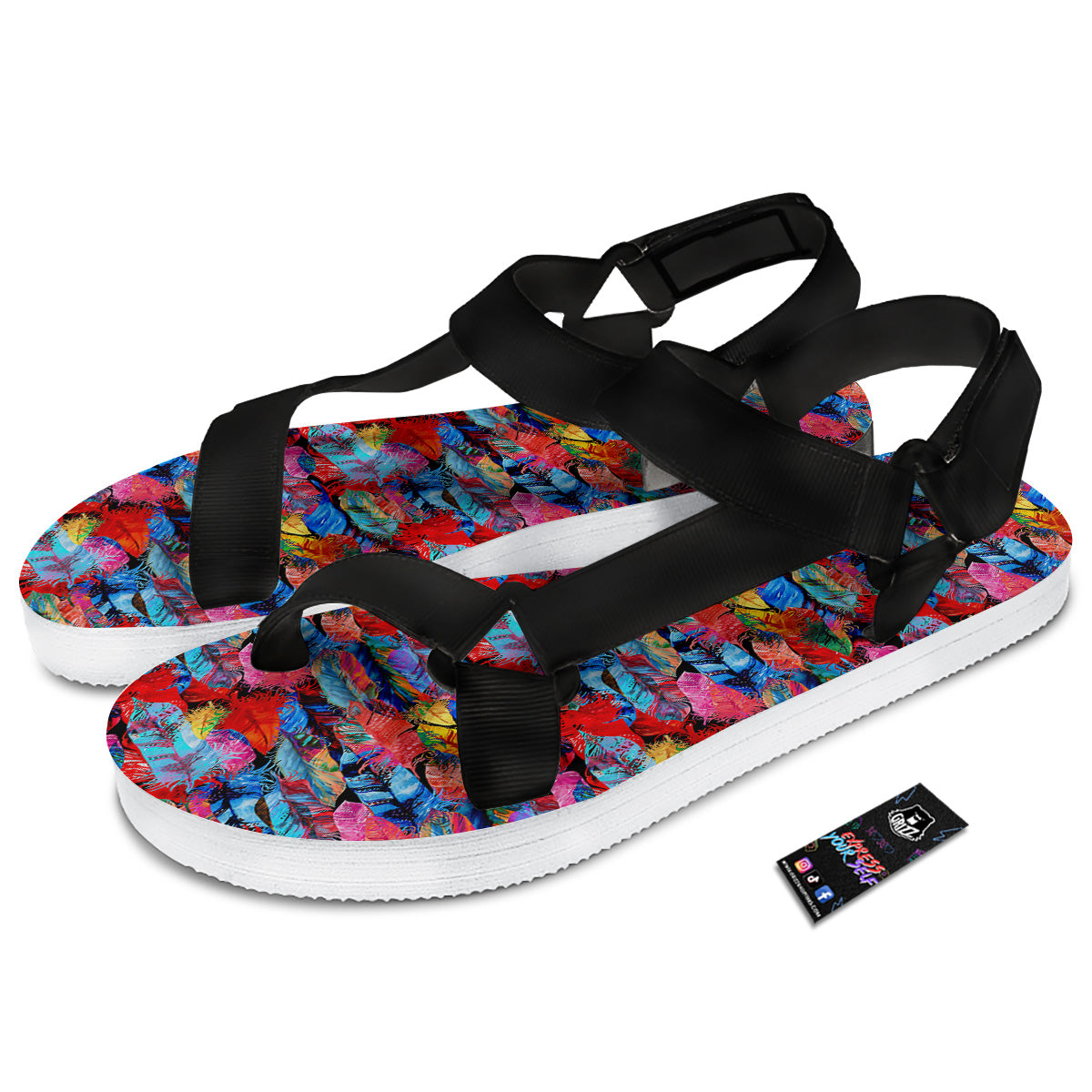 Abstract Feather Watercolor Boho Print Pattern Black Open Toe Sandals-grizzshop