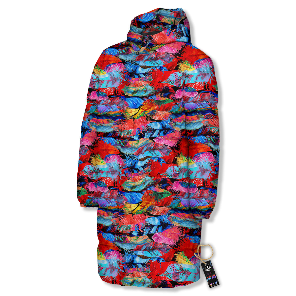 Abstract Feather Watercolor Boho Print Pattern Long Down Jacket-grizzshop