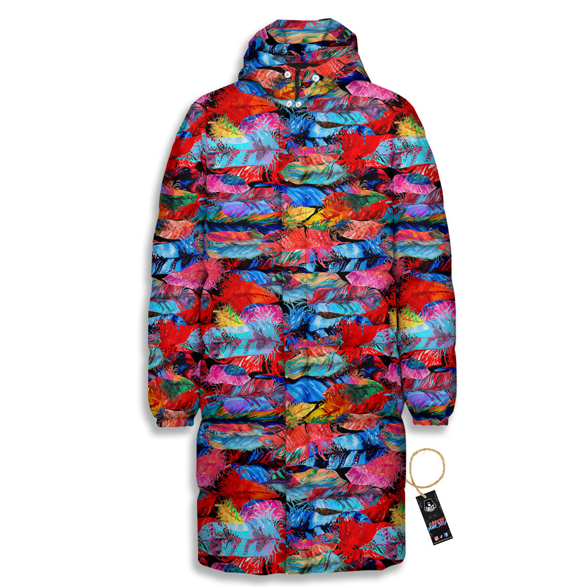 Abstract Feather Watercolor Boho Print Pattern Long Down Jacket-grizzshop