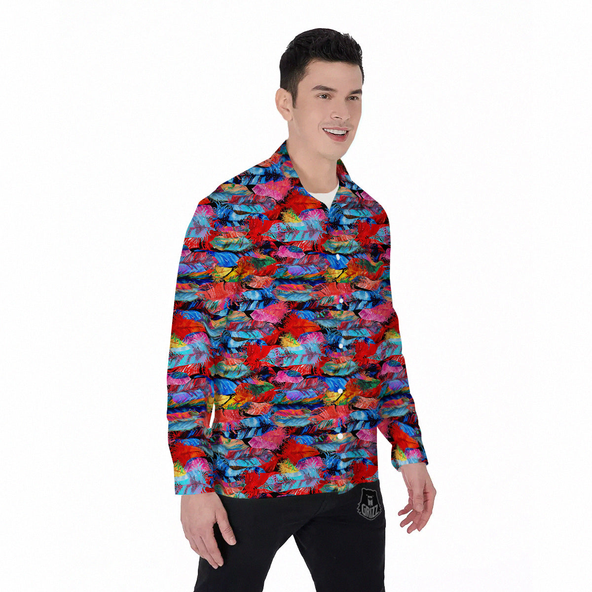 Abstract Feather Watercolor Boho Print Pattern Men's Long Sleeve Shirts-grizzshop