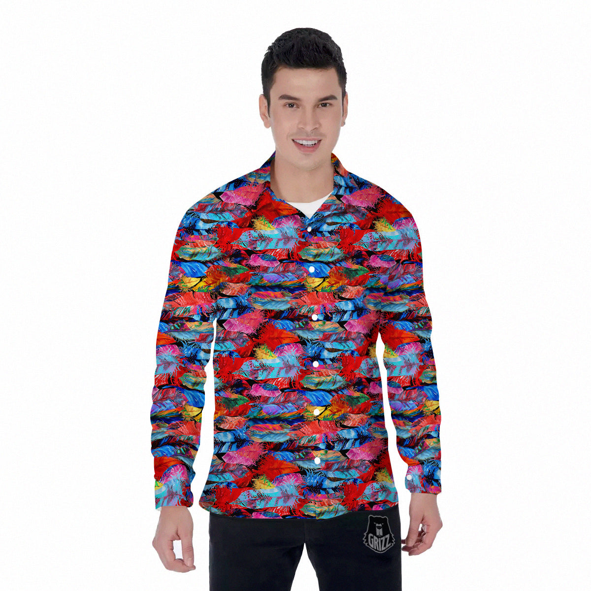 Abstract Feather Watercolor Boho Print Pattern Men's Long Sleeve Shirts-grizzshop