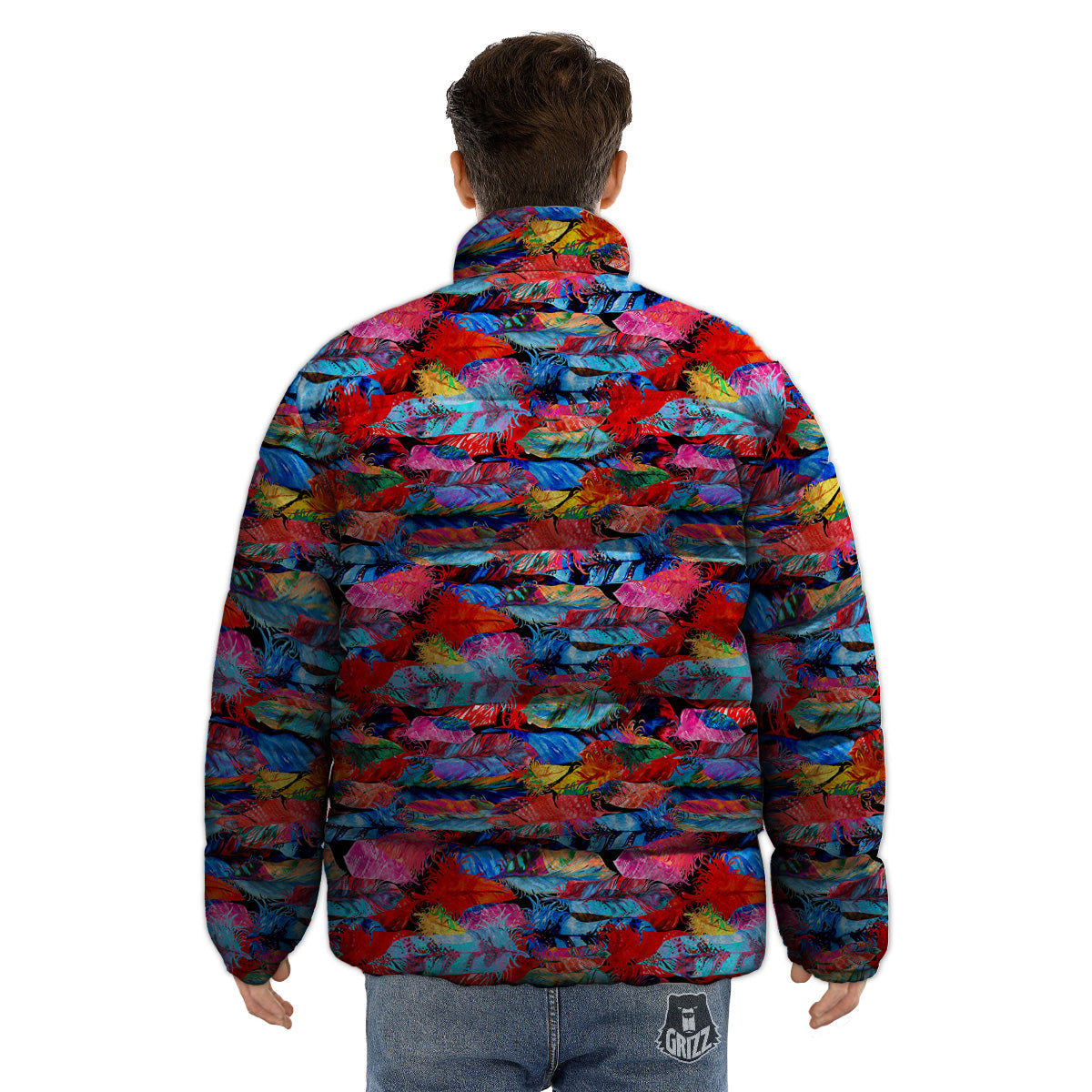 Abstract Feather Watercolor Boho Print Pattern Puffer Jacket-grizzshop