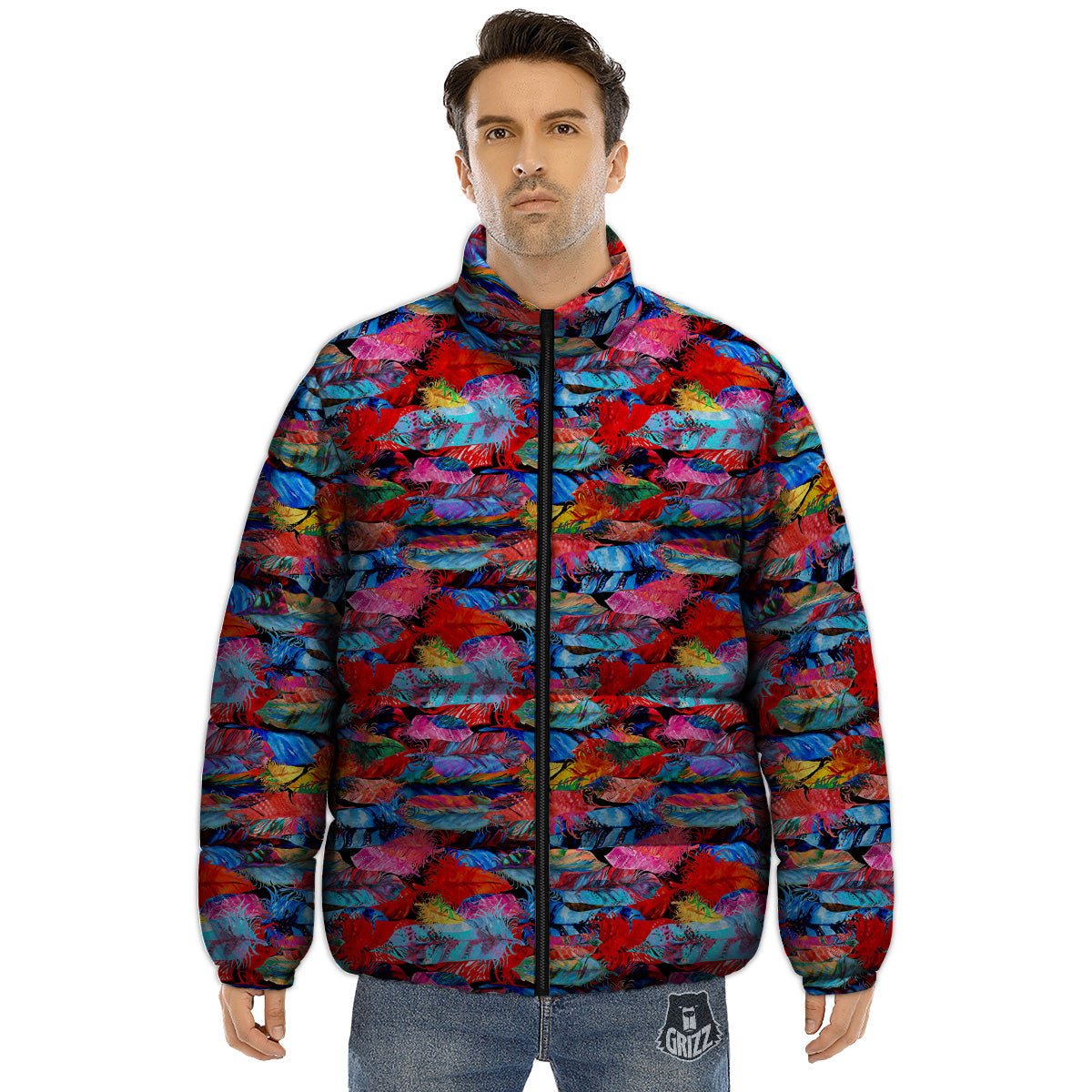 Abstract Feather Watercolor Boho Print Pattern Puffer Jacket-grizzshop