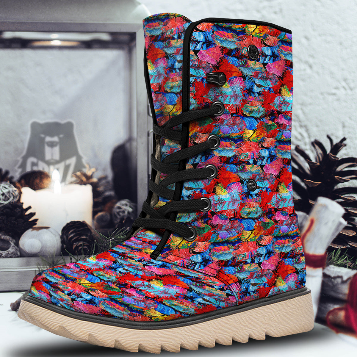 Abstract Feather Watercolor Boho Print Pattern Snow Boots-grizzshop