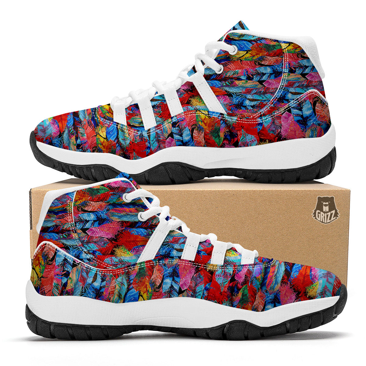Abstract Feather Watercolor Boho Print Pattern White Bball Shoes-grizzshop
