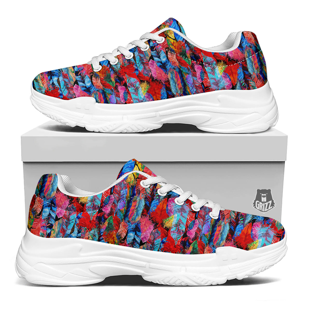 Abstract Feather Watercolor Boho Print Pattern White Chunky Shoes-grizzshop