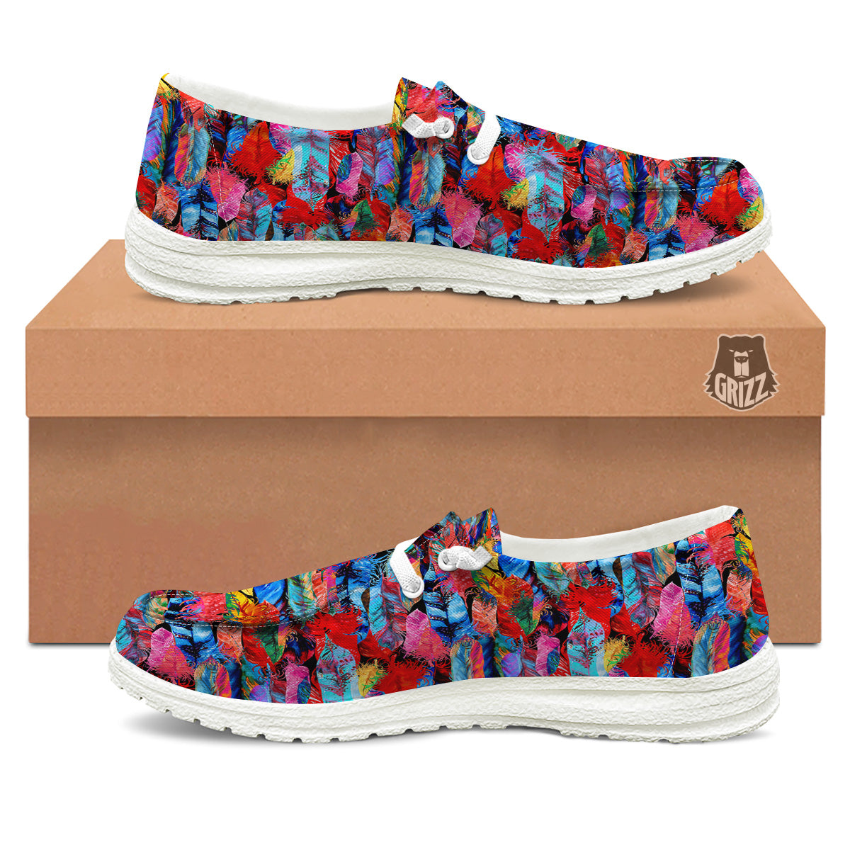 Abstract Feather Watercolor Boho Print Pattern White Loafers-grizzshop