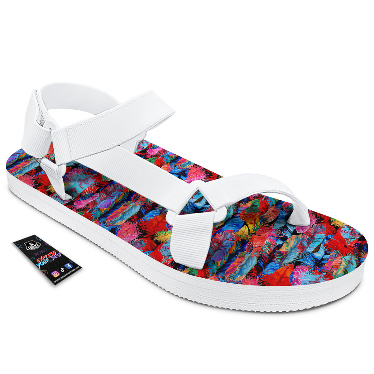 Abstract Feather Watercolor Boho Print Pattern White Open Toe Sandals-grizzshop