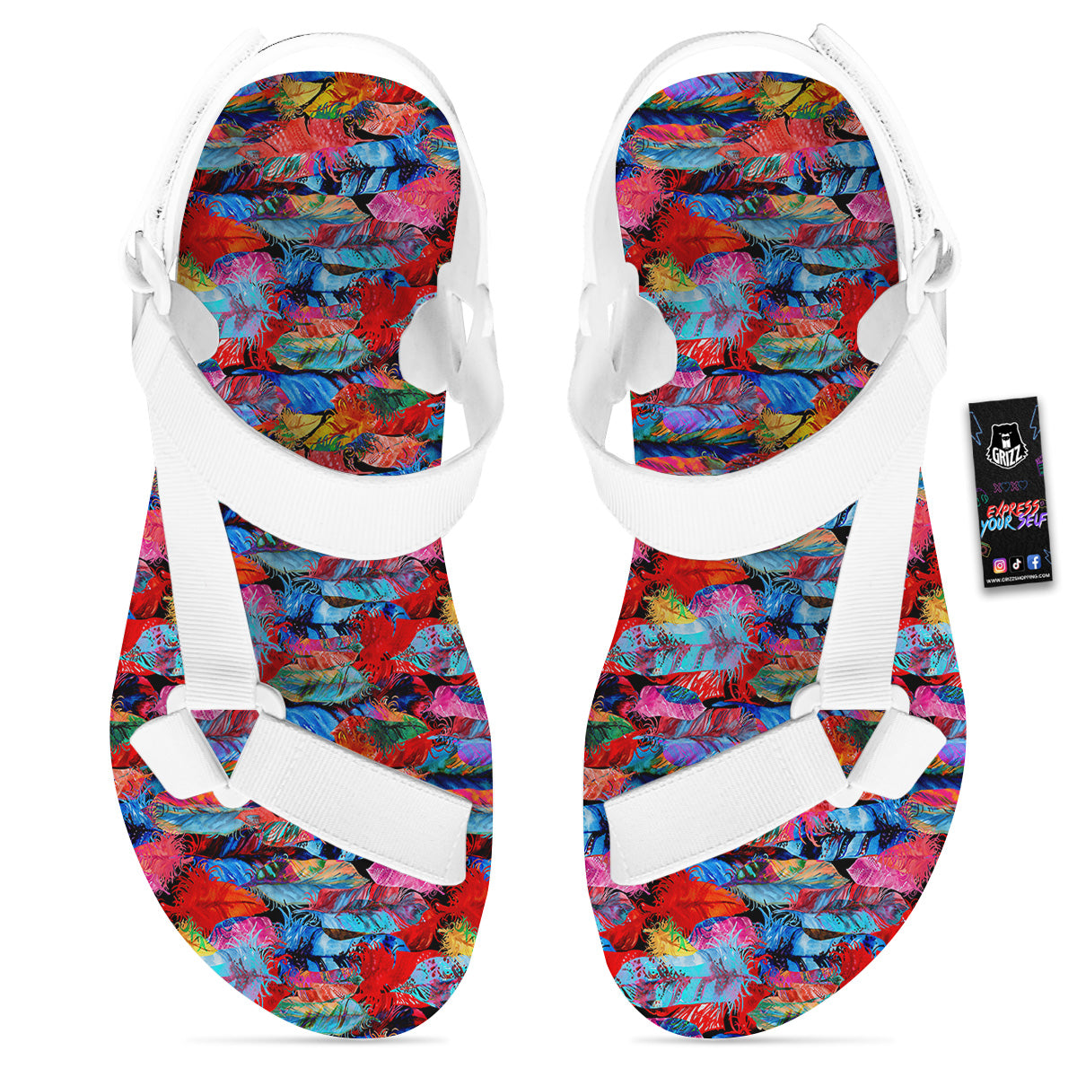 Abstract Feather Watercolor Boho Print Pattern White Open Toe Sandals-grizzshop